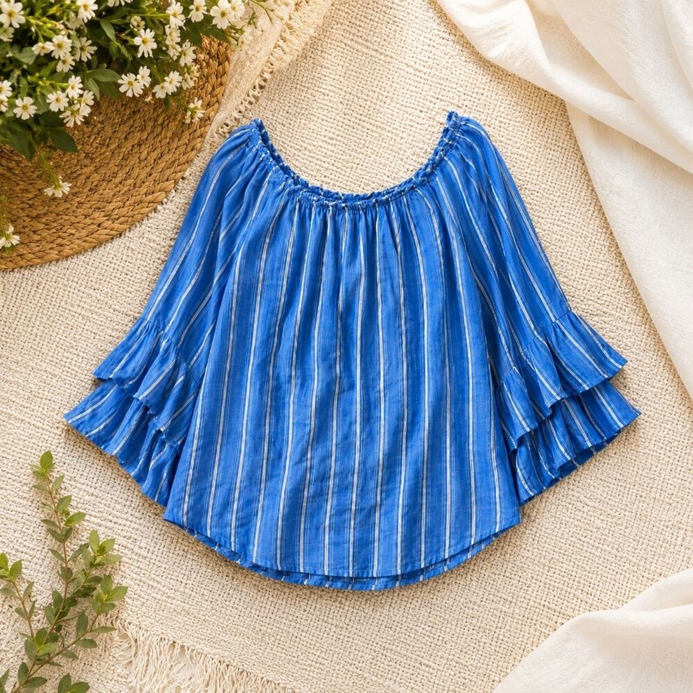 ALYX Women's Blue & White Striped Off-Shoulder Top Blouse Ruffled Sleeves XXL - Picture 2 of 6